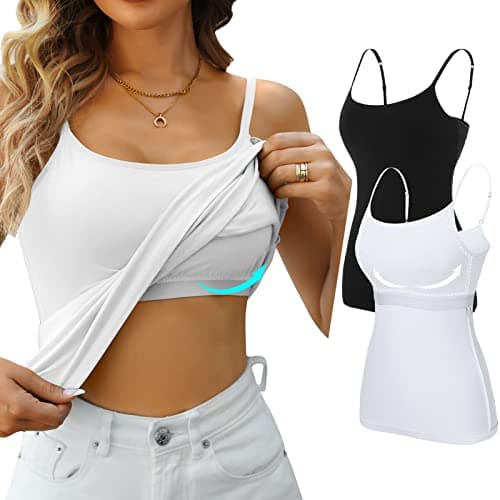 V FOR CITY Camisole Tops for Women Built-in Shelf Bra Adjustable Strap Tank Summer Cotton Cami Shirt 2 Pack Black White XL - Image 1