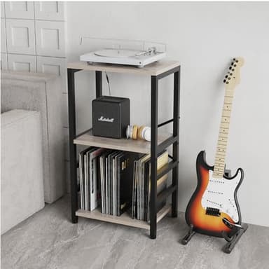 YAKANJ End Table with LED Light,Record Player Stand with Albums Storage,Vinyl Records Storage,Turntable Stand Side Table for Music Room Studio Living Room Bedroom-Greige - Image 2