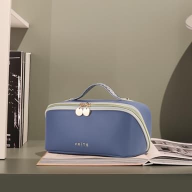 Prite Makeup Bag for Women Travel Waterproof Vegan Leather Cosmetic Bag Open Flat Toiletry Bag With Clear Divider and Handle (Blue) - Image 8