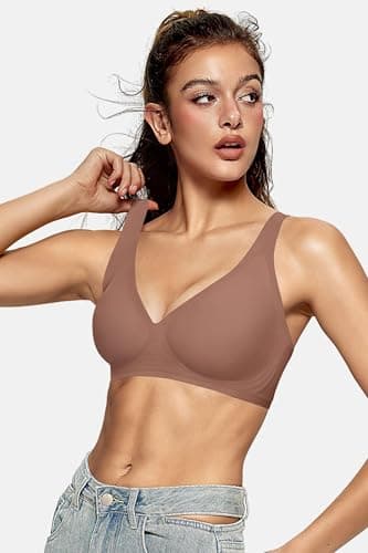 OEAK Womens Deep V Bras Wireless Comfortable Bra Supportive No Underwire Bras Tshirt Push Up Bralettes Plunge Seamless Bra Coffee M - Image 5