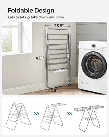 SONGMICS Clothes Drying Rack, with Sock Clips, Metal Laundry Rack, Foldable, Space-Saving, Free-Standing Airer, with 2 Height-Adjustable Gullwings, Indoor Outdoor Use, Silver and White ULLR052W01 - Image 3