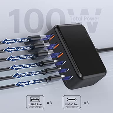USB C Charger Block, 100W GaN 6 Port PD USB C QC USB A Wall Charger Adapter Plug Cube, Super Fast Type C Charging Station Hub for iPhone 17 16 15 14 13 Pro Max iPad Samsung Pixel 5ft Extension Cord - Image 6