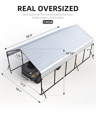 GarveeLife 13'x26'x11' Oversized Metal Carport, Steel Heavy Duty Car Ports for All-Weather, Tall Carport for Full-Size Pickup Trucks, Boats, and Tractors, N.W. 780 Lbs - Image 5