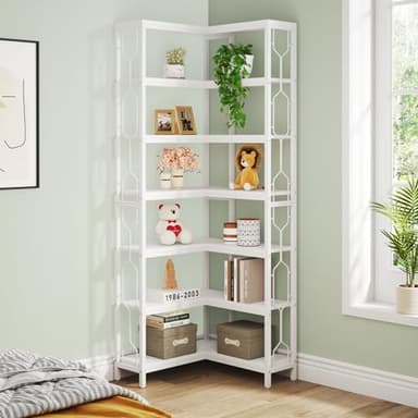 Tribesigns Corner Shelf, 7-Tier Industrial Corner Bookshelf, Wood and Metal Corner Etagere Bookcase, Freestanding Display Shelf for Living Room, Kitchen, Home Office, White - Image 5