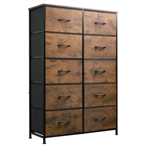 WLIVE Tall Dresser for Bedroom with 10 Fabric Drawers, Organizer Units for Closet, Storage Tower with Cabinet, Metal Frame, Rustic Brown Wood Grain Print Dressers - Image 1