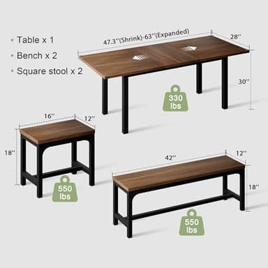 Feonase 5-Piece Dining Table Set for 4-8 People, 63" Extendable Kitchen Table with 2 Benches and 2 Square Stools, Mid-Century Modern Wooden Dining Room Table, Space-Saving, Walnut - Image 2
