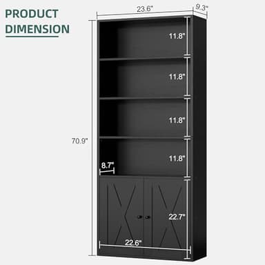 Shintenchi Bookshelf, Industrial Bookshelves and Bookcases with Doors Floor Standing 6 Shelf Display Storage Shelves 70.6 inches Tall Bookcase for Home Office, Living Room (Black) - Image 3
