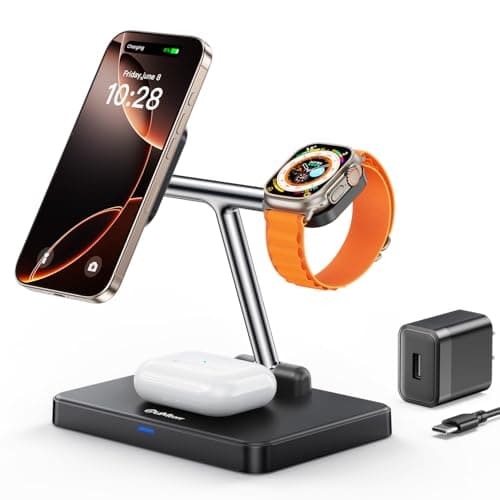 DUMTERR 3 in 1 Foldable Wireless Charging Station for Mag-Safe Charger for iPhone 16/15/14/13/12,for Apple Watch Series & AirPods - Wireless Charger Stand with N52 Strong Magnetic & Safety Protections - Image 1
