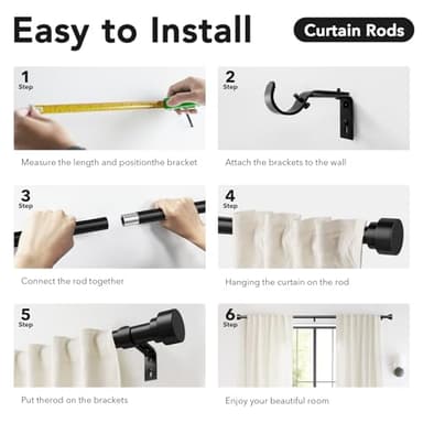 IFELS Heavy Duty Curtain Rods for Windows 66 to 120 Inch, 1 Inch Adjustable Black Curtain Rod Set with Easy Installation and Modern Design (A1,Black,30-120") - Image 7