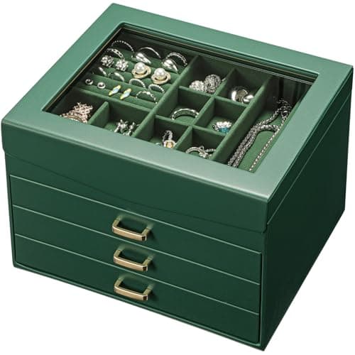 TidyStash 4 Layer Jewelry Box with Lid, Classic Jewelry Organizer with 3 Drawers for Women Girls, Adjustable Compartments, Modern Style, Green - Image 1