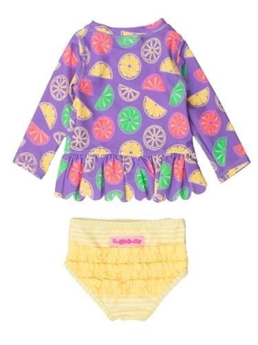 RuffleButts Baby/Toddler Girls Scalloped Long Sleeve Rash Guard 2-Piece UPF50+ Sun Protected Swimsuit - Neon Purple Citrus, 5 - Image 2
