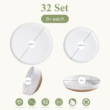 AmorArc 32 Pieces Ceramic Dinnerware Sets for 8, Handpainted Plates and Bowls Set with Rustic Terracotta Underside, Scratch Resistant Stoneware Dishes Set, Dishwasher & Microwave Safe, White - Image 4