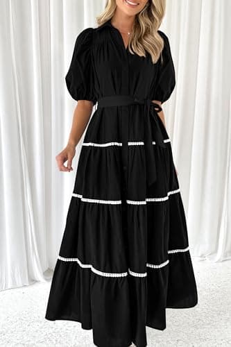 PRETTYGARDEN Women's Summer Button Down Shirt Dress Short Puffy Sleeve Tiered Ruffle Flowy Long Maxi Dresses (Black,Large) - Image 3