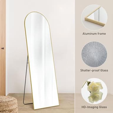 DUMOS Arched Full Length Mirror with Stand 64"x21" Floor Standing Aluminum Frame for Bedroom Body Hanging Leaning Modern Simple Home Decor Shatter-proorf Nano Glass Wall Living Room Cloakroom Gold - Image 6