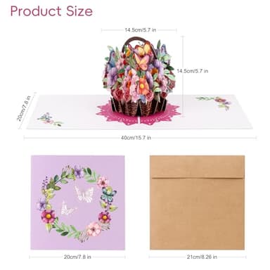 Giiffu Paper 3D Flower Basket Pop Up Greeting Card with Envelope, Happy Birthday Card for Women Mom Wife, All Occasion Greeting Cards for Valentine's Day, Mothers day, Anniversary - Image 2