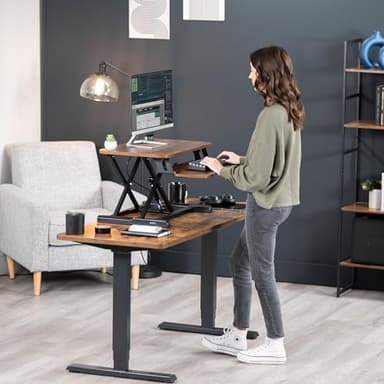 VIVO 26 inch Desk Converter, K Series, Height Adjustable Sit to Stand Riser, Dual Monitor and Laptop Workstation with Keyboard Tray, Rustic Vintage Brown Top, Black Frame, DESK-V026KN - Image 9