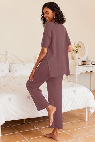 Ekouaer Sweater Set for Women Pullover Top and Wide Leg Pants Soft Knit Sets Loungwear Casual Outfits Dusty Rose,S - Image 2