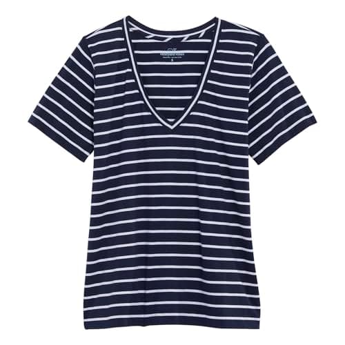 vineyard vines Women's Clean Jersey V-Neck Tee, Stripe-Navy/White Cap - Image 1