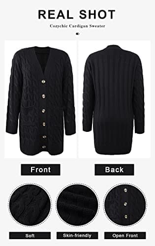 PRETTYGARDEN Long Sleeve Cable Knit Long Cardigan for Women 2025 Fall Winter Chunky Open Front Button Sweaters with Pockets (Black, Medium) - Image 6