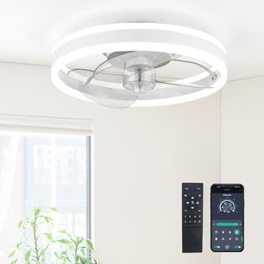 SAMPHON Low Profile Ceiling Fans with Lights and Remote, 15.7'' Led Flush Mount Ceiling Fan, Stepless Dimmable Bladeless Small Ceiling Fans with Lights for Bedroom, Living Room and Kitchen - White - Image 1