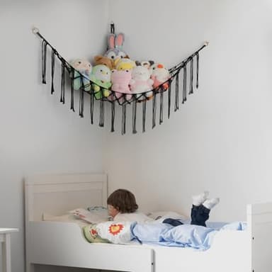 Stuffed Animal Hammock Corner, Hand-knitted Large Plushie Net Toy Hammock with Wooden Rings | Boho Cute Stuff Animal Storage for Nursery & Bedroom | Mesh Kids Toy Organizer Holder Nursery Room Decor - Image 6