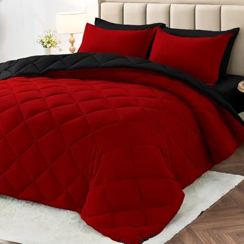 MUXHOMO 7 Pieces Queen Comforter Set, Reversible Bed in a Bag Queen Size, All Season Bedding Set with Comforter, Flat Sheet, Fitted Sheet, Pillowcases & Shams, Red & Black - Image 1