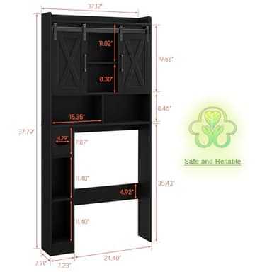 Over The Toilet Storage Cabinet, Farmhouse Storage Cabinet Over Toilet with Sliding Doors & Toilet Paper Holder Stand，Home Space-Saving Toilet Rack, for Bathroom, Laundry and Restroom.Black - Image 2