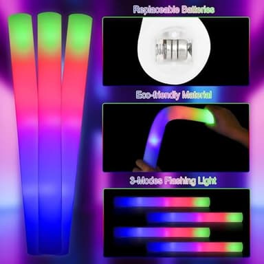 HTPREC 102Pcs LED Foam Glow Sticks Bulk,Longer Lasting Flashing,Giant Light up Foam Sticks,Glow in The Dark Party Favors for Wedding,Birthday,Concert, Parties, Camping, Sporting Events - Image 2