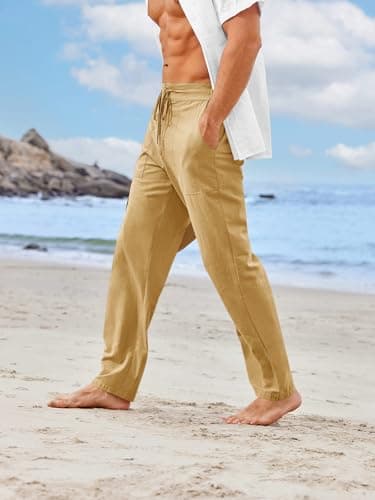 PASLTER Mens CasualCotton Pants Loose Fit Straight-Legs Elastic Drawstring Waist Summer Beach Long Pant - Image 3