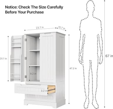 Gizoon Kitchen Pantry Storage Cabinet with Drawers Freestanding Bathroom Storage Cabinets with Doors and Shelves, 47" Small Food Pantry Cabinet for Dining Room Craft Room, White - Image 3