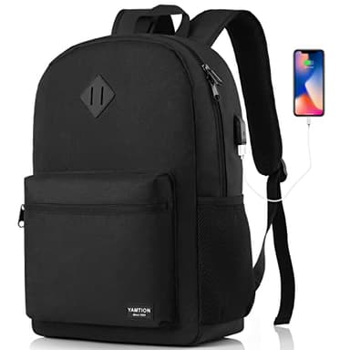 YAMTION Black Backpack for Women Men,Casual School Backpack Teen Boys and Girls 15.6 Inch Laptop Bookbag with USB Charger for College High School Travel Business - Image 1