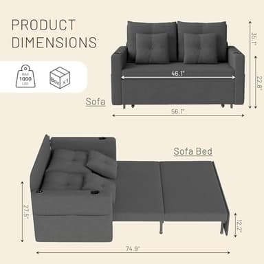 Krcix 3 in 1 Sofa Bed, 56 Inch Convertible Pull Out Couch, Loveseat Sleeper Sofa with Cup Holders, USB, Sofa Couches for Living Room, Bedroom, Apartment, Dark Grey - Image 3