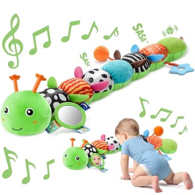 Sumobaby Baby Toys 0-6 6-12 Months, Music Caterpillar Plush Toy with Baby Mirror, Pull String&Crinkle Rattle,Infant Teething Toys,Tummy Time for 0-3-6-12 Month Boys Girls Newborn Gifts (Green-Leaf) - Image 1