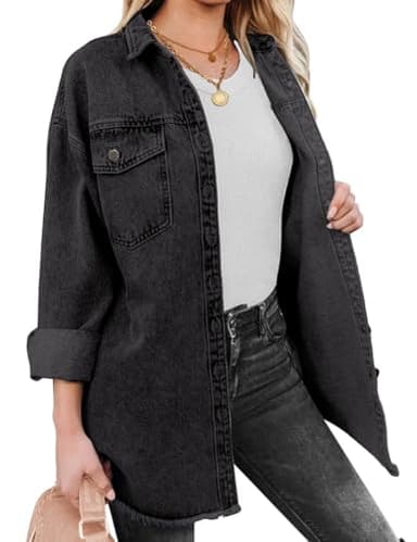 Vetinee Oversized Boyfriend Denim Jean Jacket for Women - Black, Front Button, Raw Hem, Long Sleeve, Pockets - Size 16, 18 - Image 8