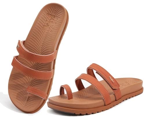 KuaiLu Womens Slides Sandals With Arch Support Comfort Plantar Fasciitis Yoga Mat Cushion Sandals Fashion Summer Beach Walking Adjustable Ladies Flat Orthotic Slip On Sandles Khaki Size 8 - Image 1