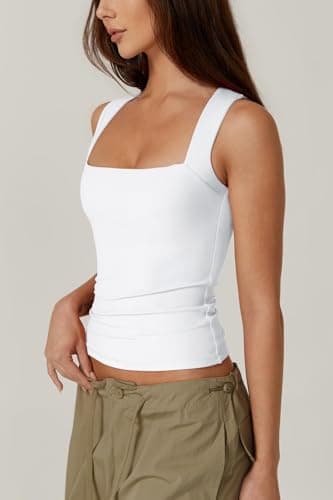 QINSEN Womens Tank Top Sleeveless Square Neck Casual Basic Fitted T- Shirts White M - Image 2