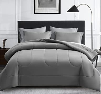 Maple&Stone Queen Size Comforter Set 7 Pieces Bed in a Bag - Down Alternative Bed Set with Sheets, Pillowcases & Shams, Soft Reversible Duvet Insert for Queen Bed, Dark Grey & Light Grey - Image 1