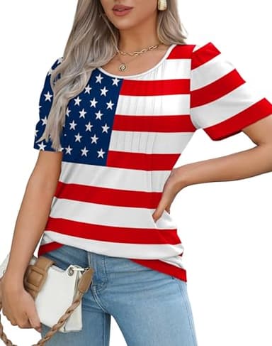 July 4th Shirts for Women Dressy Casual Blouses Plus Size Short Sleeve Summer Outfits American Flag XL - Image 3