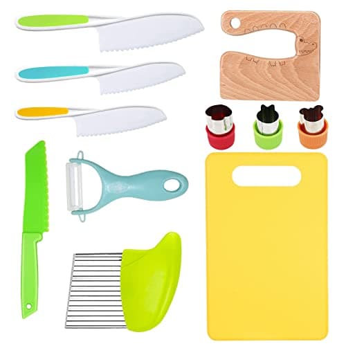 RISICULIS 11 Pieces Wooden Kids Kitchen Knife, Kids Kitchen Set Include Wood Knife, Serrated Edges Plastic Toddler Knife, Crinkle Cutter, Sandwich Cutter, Y Peeler, Cutting Board - Image 1