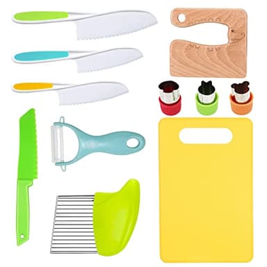 RISICULIS 11 Pieces Wooden Kids Kitchen Knife, Kids Kitchen Set Include Wood Knife, Serrated Edges Plastic Toddler Knife, Crinkle Cutter, Sandwich Cutter, Y Peeler, Cutting Board - Image 1