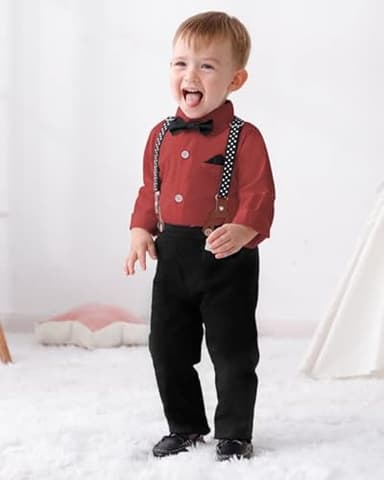 DISAUR Boys Wedding Guest Outfit Short Sleeve White Flower Dress Shirt Bow Tie Suspender White Plaid Pants Back To School Gentleman Clothing 5t 5-6 Years - Image 2