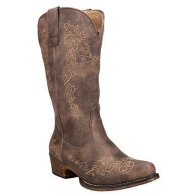 ROPER Womens Riley Scroll Embroidered Snip Toe Casual Boots Mid Calf Low Heel 1-2" - Brown - Size 8 M - Image 2