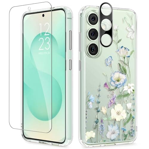 GVIEWIN for Samsung Galaxy S25 Plus Case with Screen Protector & Camera Lens Protector, [Non Yellowing] Clear Floral Hard Shockproof Bumper Women Phone Case for S25 Plus 6.7" (Aquilegia/White) - Image 1