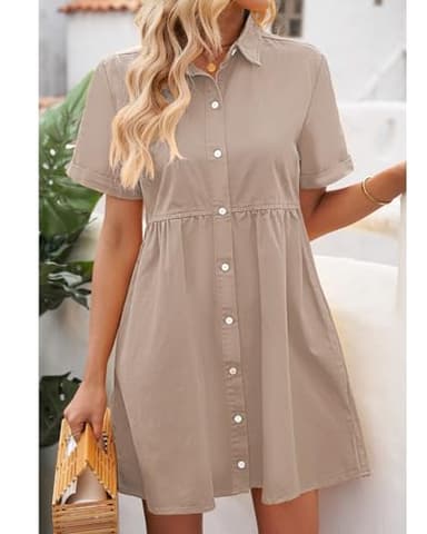 GRAPENT Denim Dress for Women Babydoll Tiered Short Sleeve Button Down Jean Shirt Dresses Light Taupe Oversized Boyfriend Loose Fit Large Size 12 Size 14 - Image 2