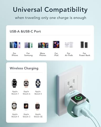 VRURC for Apple Watch Charger, Wireless Magnetic Portable iWatch Charger, PD 20W 3-in-1 Travel Essentials Fast Charging Block for iWatch Ultra/SE/10/9/8/7/6/5/4,iPhone 17/16/15/14/13 etc-Green - Image 8