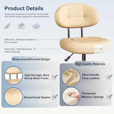 Misolant Vanity Chair with Back, Small Armless Cute Office Chair with Wheels and Lumbar Support, Comfy PU Leather Desk Computer Chairs with Adjustable Height, 360° Swivel for Home Bedroom, Khaki - Image 5