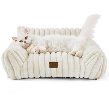 Bedsure Cute Cat Couch for Pets - Fluffy Cat beds with Premium Soft Corduroy Fleece, Fuzzy Cats beds for Indoor Cats with Removable Washable Cover, Supportive Pet Sofa, 24inch, Cream - Image 8
