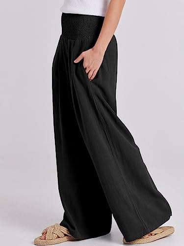 ANRABESS Women Linen Palazzo Pants Summer Boho Wide Leg High Waist Casual Lounge Pant 2024 Beach Travel Vacation Outfits Black Medium - Image 7