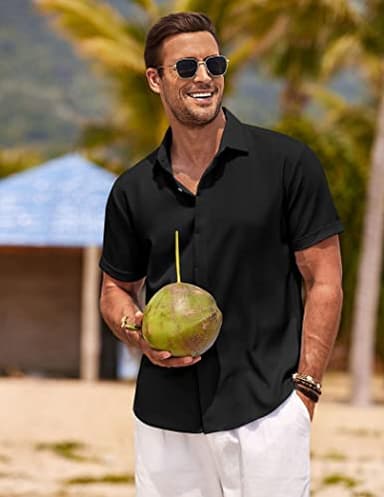 COOFANDY Men's Linen Shirts Short Sleeve Casual Shirts Button Down Shirt for Men Beach Summer Wedding Shirt Black - Image 4