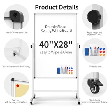 40x28 Inches Mobile Whiteboard, Double Sided Magnetic Dry Erase Board Height Adjustable Whiteboard with Stand for Home Office Classroom - Image 4